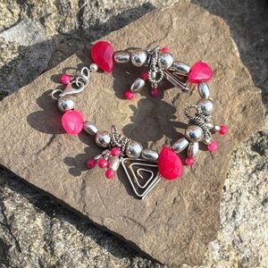 Silver Bracelet with Pink Gemstone Beads and Teardrop Accents